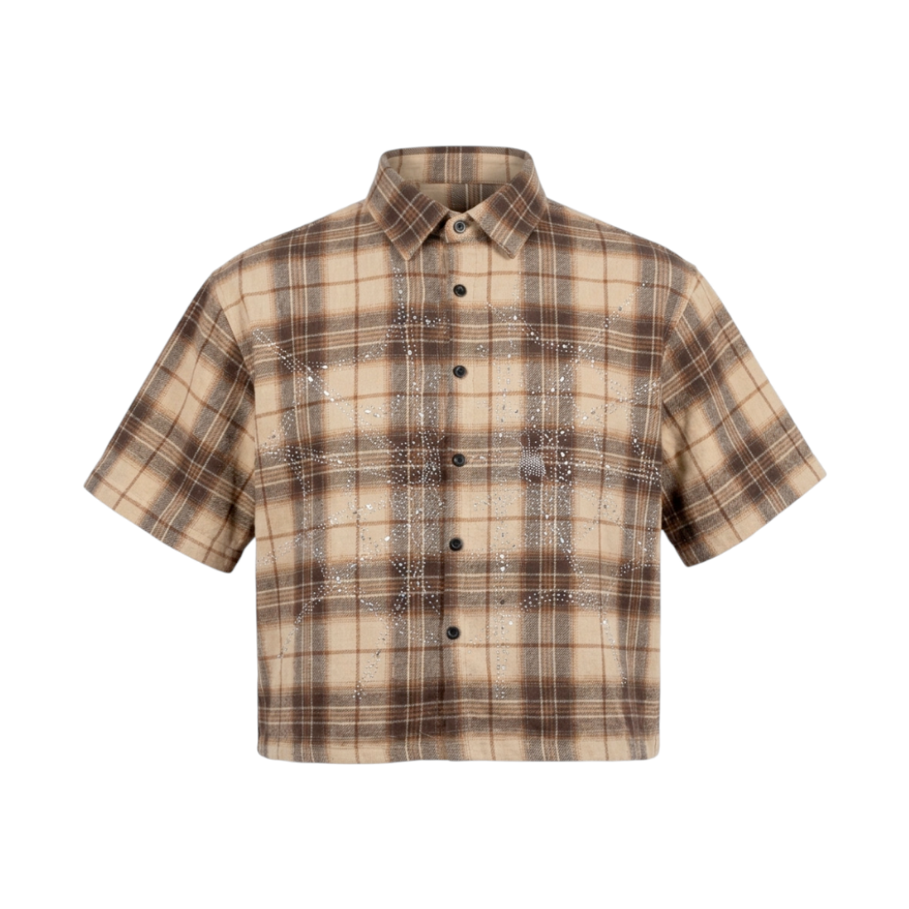 Rhinestone Web Cropped Plaid Shirt
